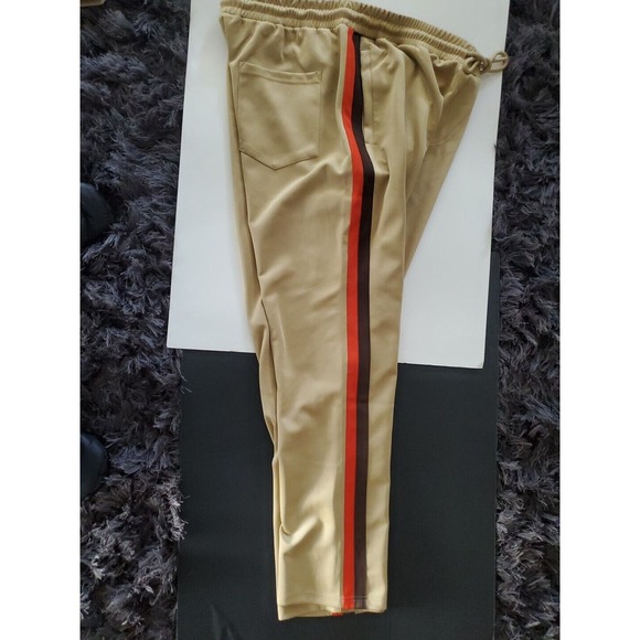 Jian Wang 2XL Men's 2 Pc Retro Zip Up Pockets Beige Striped Trim Track Suit - Picture 8 of 15